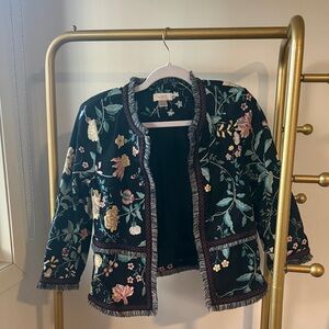 LOFT Black Floral Embroidered Blazer with Fringe